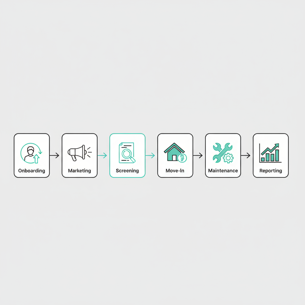Horizontal process flow showing six service stages from onboarding to reporting for property management.