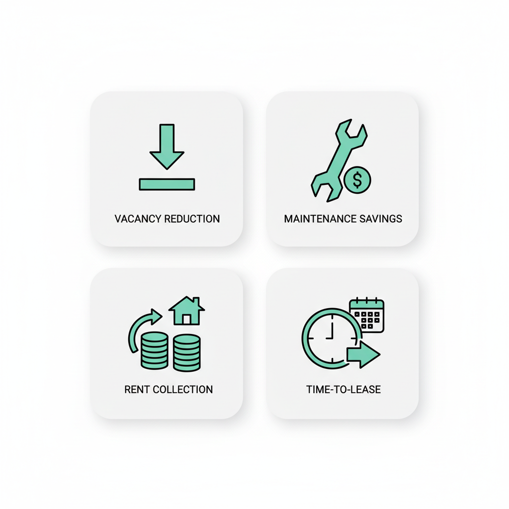 Square 2x2 icon grid illustrating vacancy reduction, maintenance savings, rent collection, and time-to-lease.