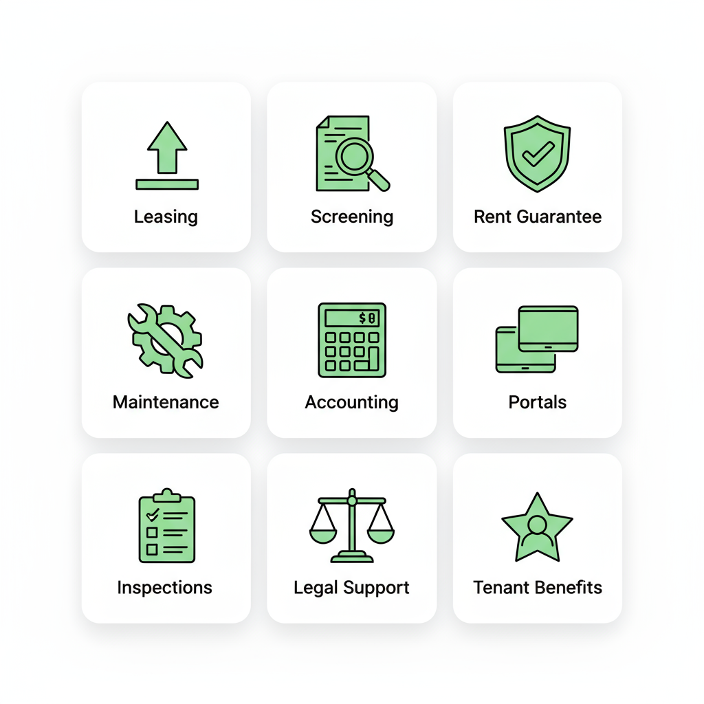 3 by 3 icon grid representing core property management services