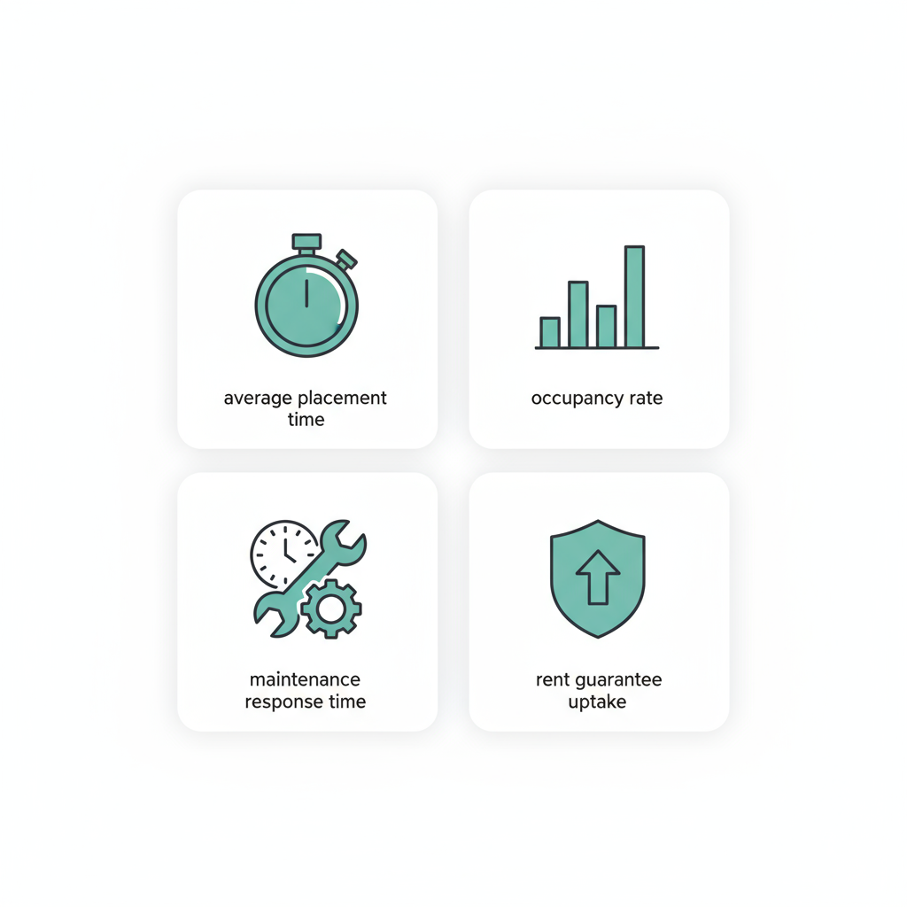 Four icons representing placement time, occupancy, maintenance response, and rent guarantee