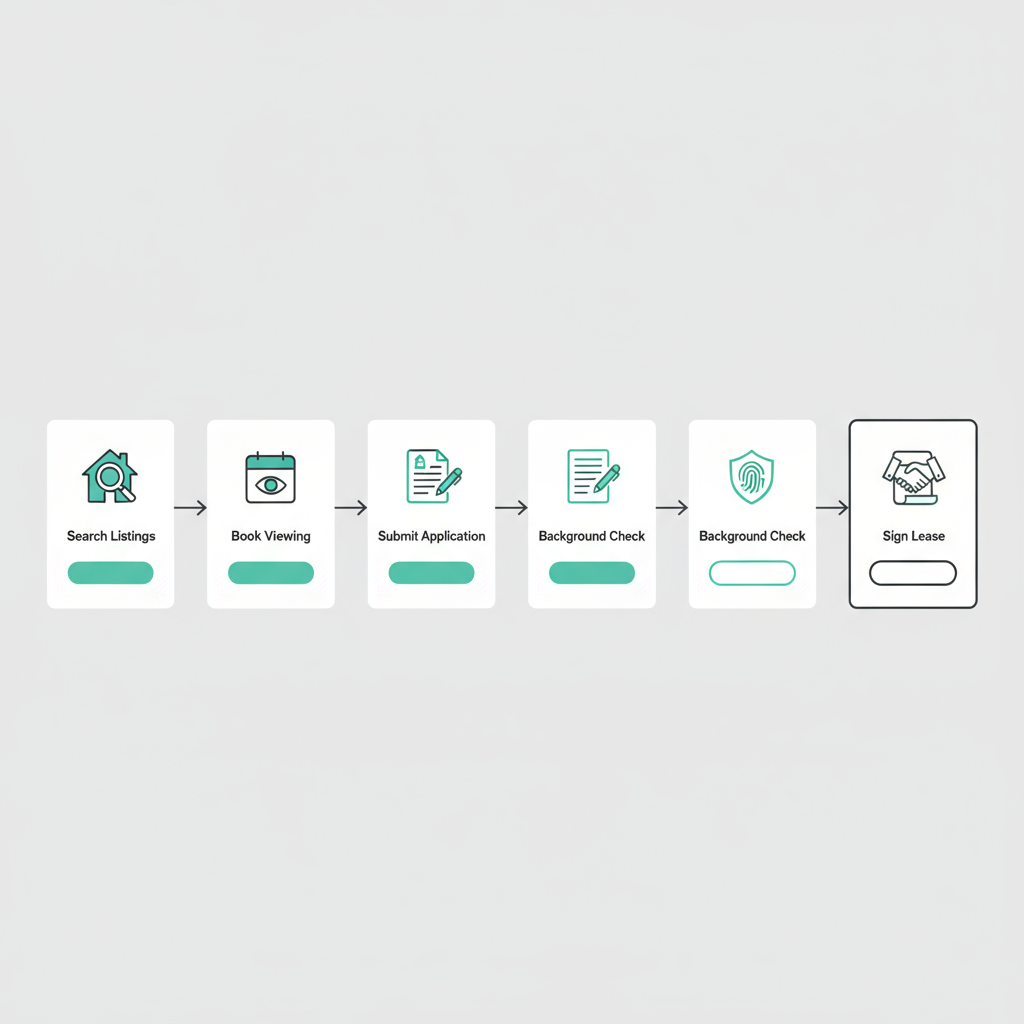 Horizontal illustrated renter journey with five stages from search to signed lease.