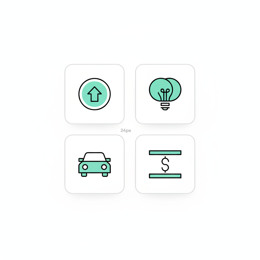 Vertical 1x4 icon array showing average rent, utilities, parking fee, and salary needed icons.
