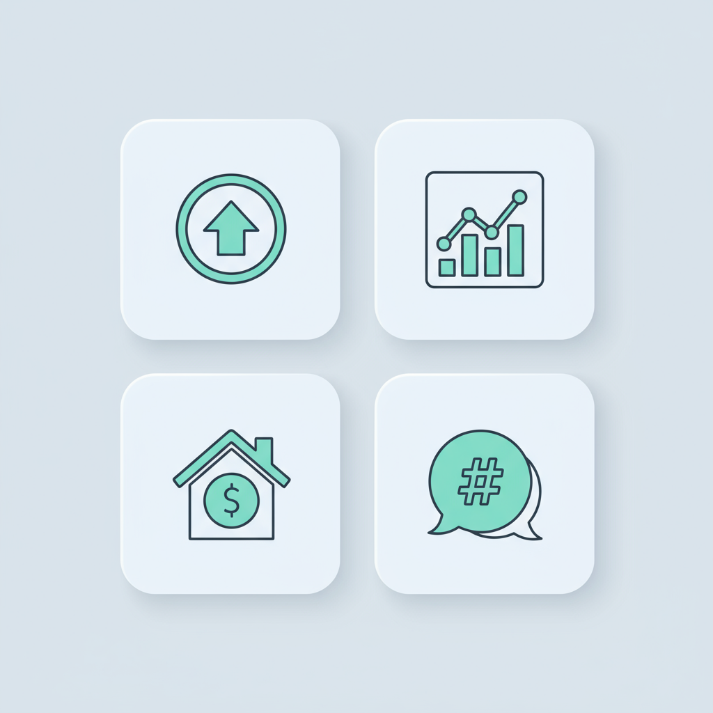 Square 2x2 icon grid representing average rent, 12-month change, affordable areas, live listings.