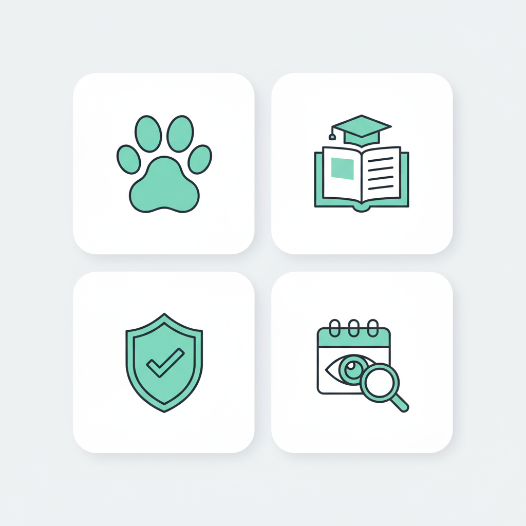 Square 2x2 icon grid highlighting pet-friendly, student, guarantee, and viewing features.