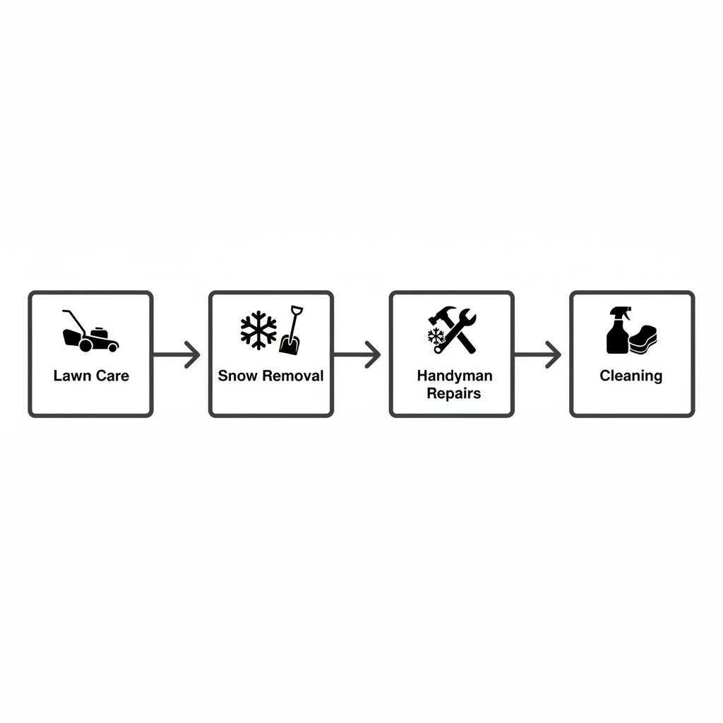 Horizontal process flow of key property maintenance services including lawn care and cleaning