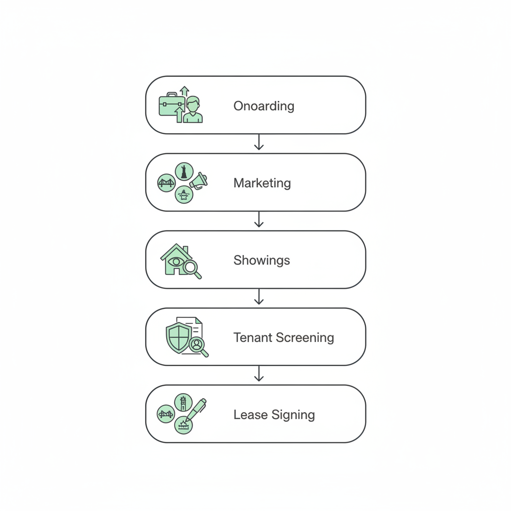 Five-step square infographic showing onboarding to lease signing with local city icons.