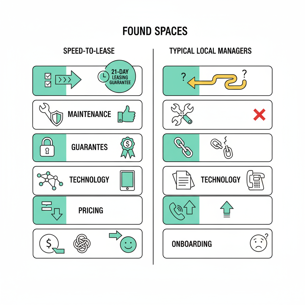 Side-by-side visual comparison of Found Spaces and local managers across six metrics