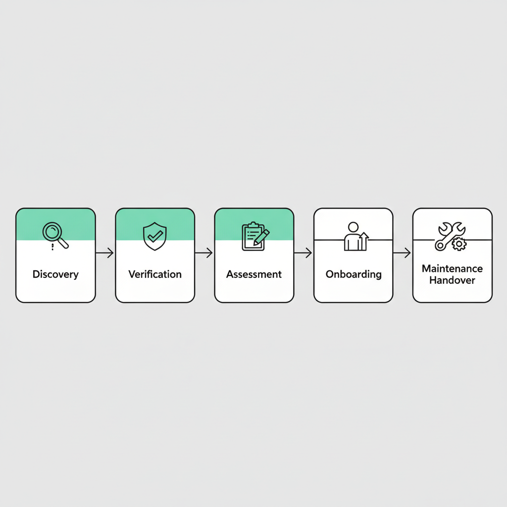 Horizontal onboarding flow showing five stages from initial contact to maintenance handover.