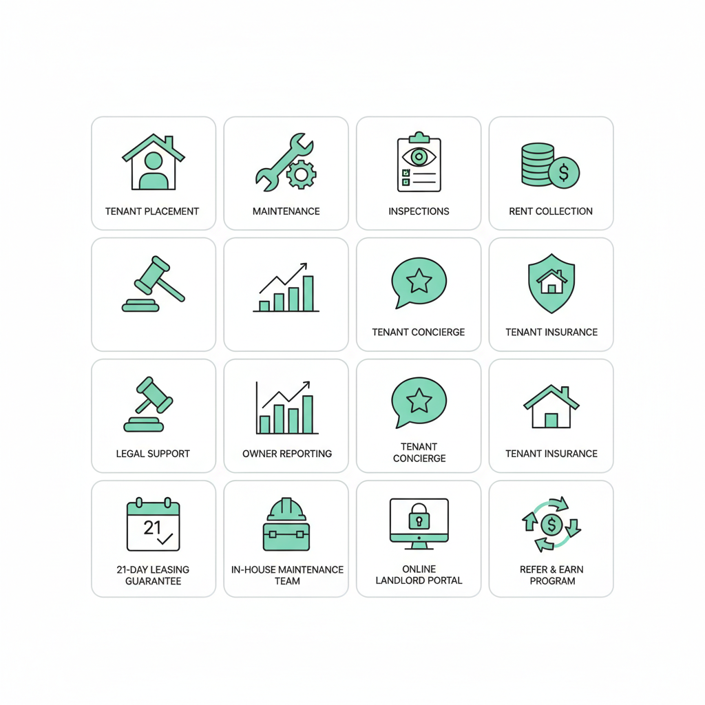 3 by 4 grid of service icons representing tenant placement, maintenance, inspections, and other owner services.