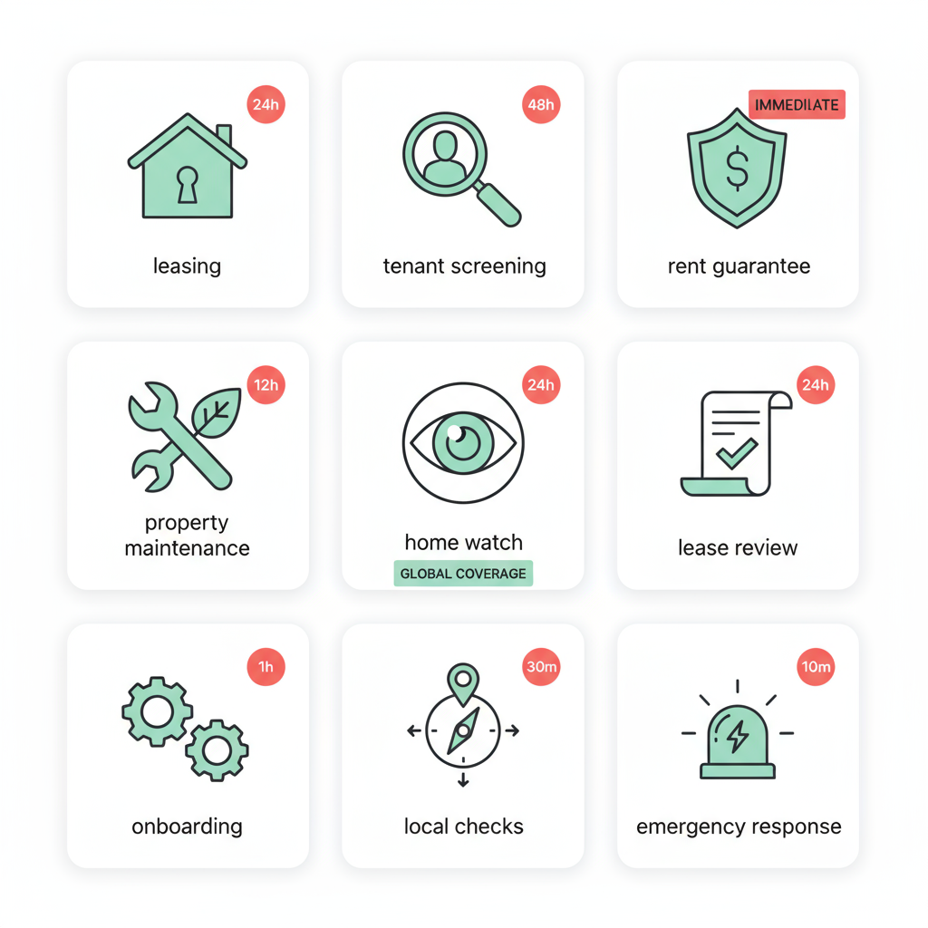 3x3 icon grid highlighting Found Spaces property management services