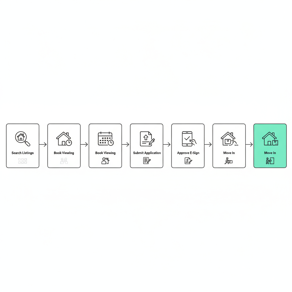 Five-step horizontal renter journey icons showing stages of application