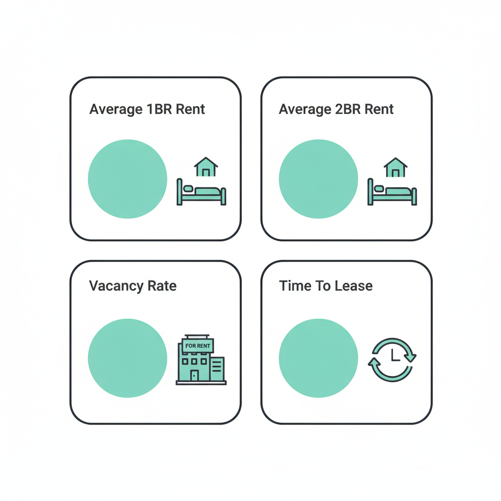 Four square snapshot cards representing rent and leasing metrics