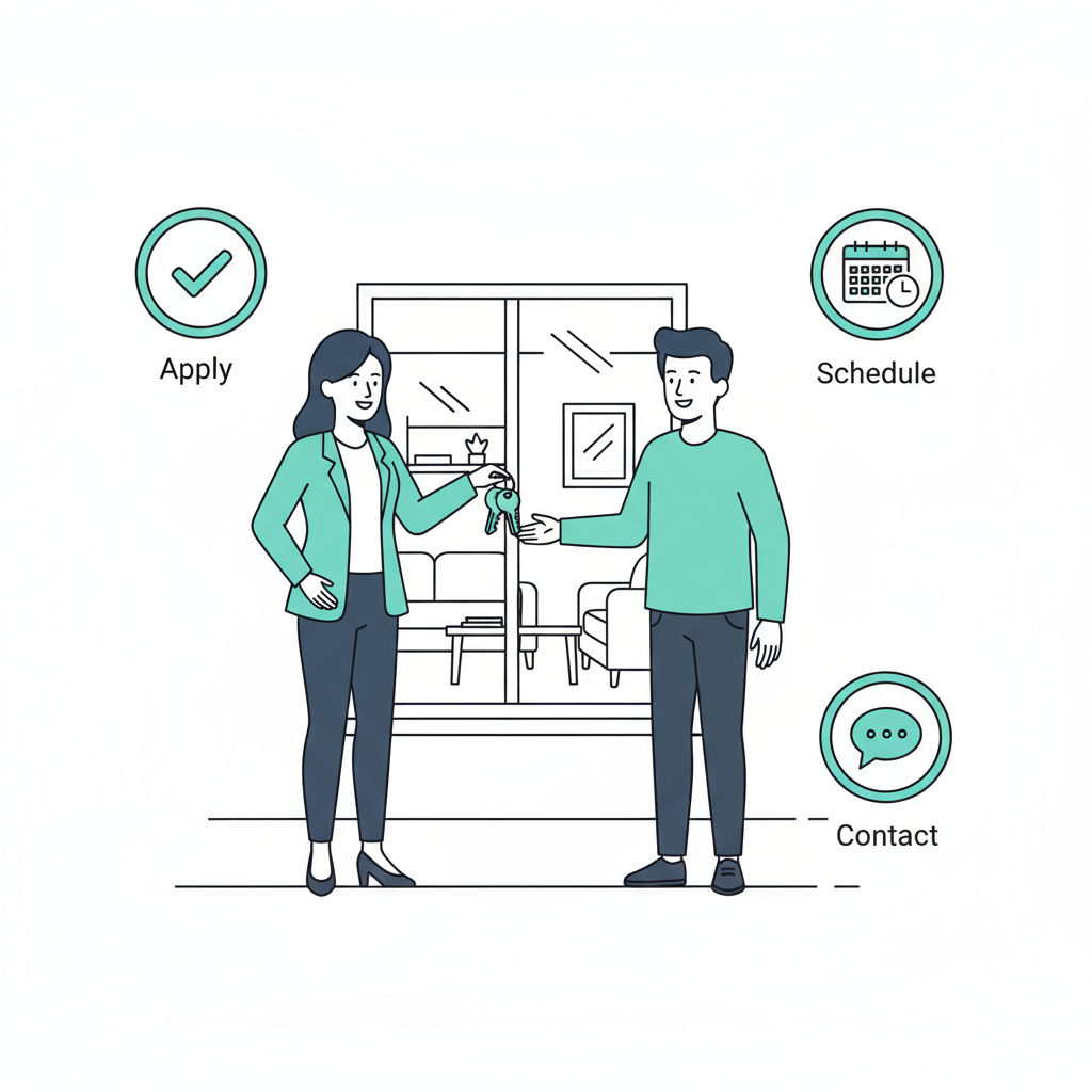 Leasing specialist handing keys to a renter during an apartment viewing with three icon overlays.