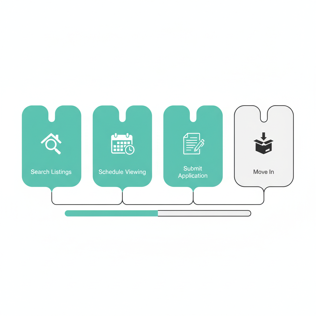 Horizontal four-step renter application flow from search to move-in with progress indicator.