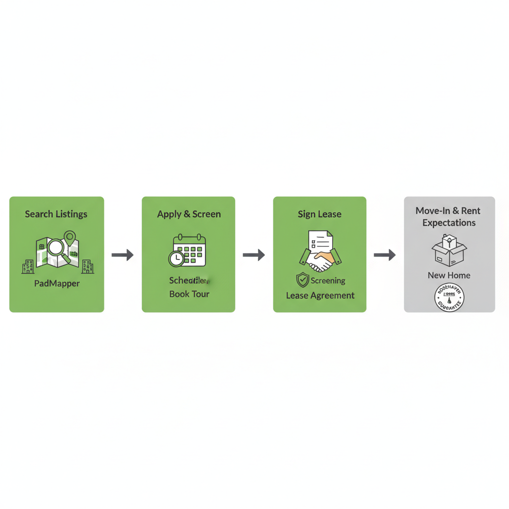 Horizontal five-step process flow showing Hamilton apartment rental steps: Search Listings, Schedule Viewing, Apply & Screen, Sign Lease with guarantee badge, and Move-In with rent expectations.