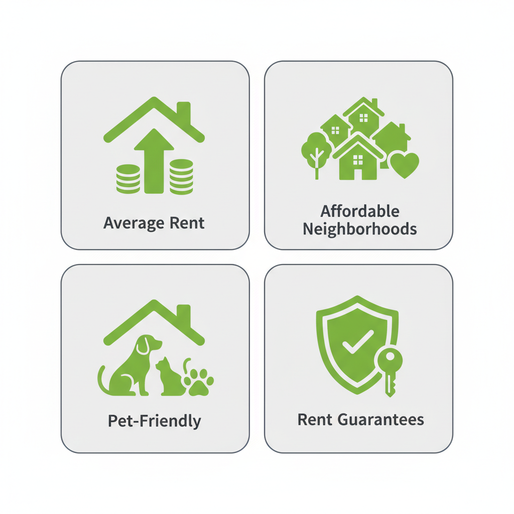 Square 2x2 icon grid summarizing Hamilton rental market: average rent, affordable neighbourhoods, pet-friendly apartments, landlord rent guarantees.