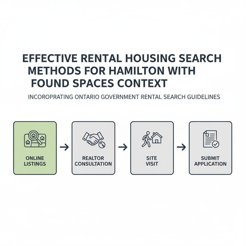 Horizontal process flow with four stages for searching rental housing in Hamilton: Online Listings, Realtor Consultation, Site Visit, Submit Application. Vibrant green accents, soft gray cards, deep charcoal connectors, tightly composed and filling the frame.