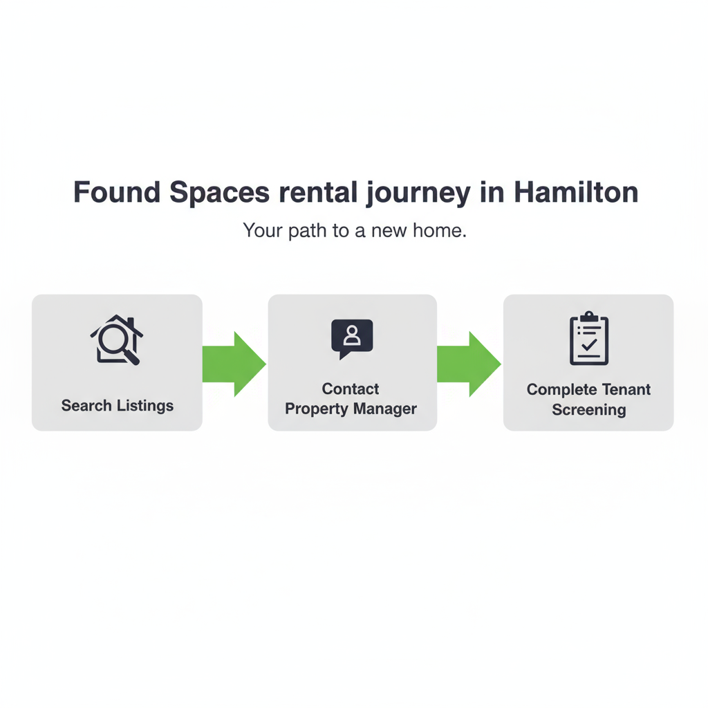 Horizontal process flow with three large cards: Search Listings, Contact Property Manager, and Complete Tenant Screening, styled with green highlights and gray backgrounds, tightly composed to fill the frame.