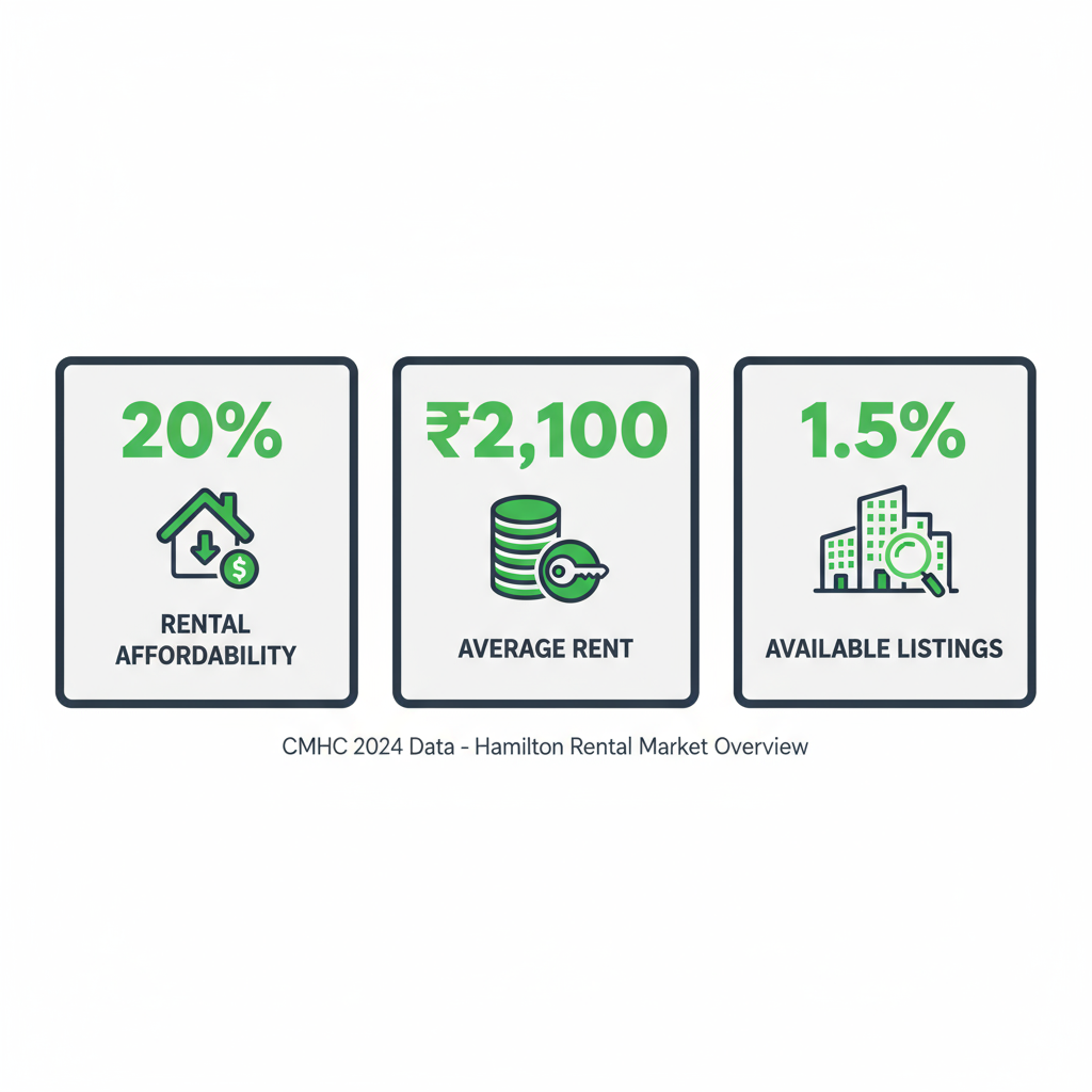 Three bold icon cards summarizing Hamilton rental affordability, average rent, and available listings with green accents.
