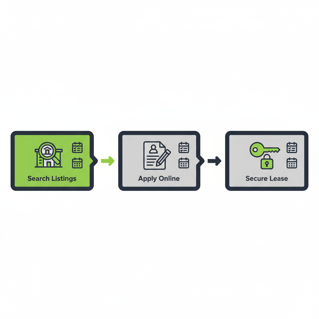 Three-step horizontal process flow: Search Listings, Apply Online, Secure Lease with rental icons and arrows for Found Spaces Hamilton.