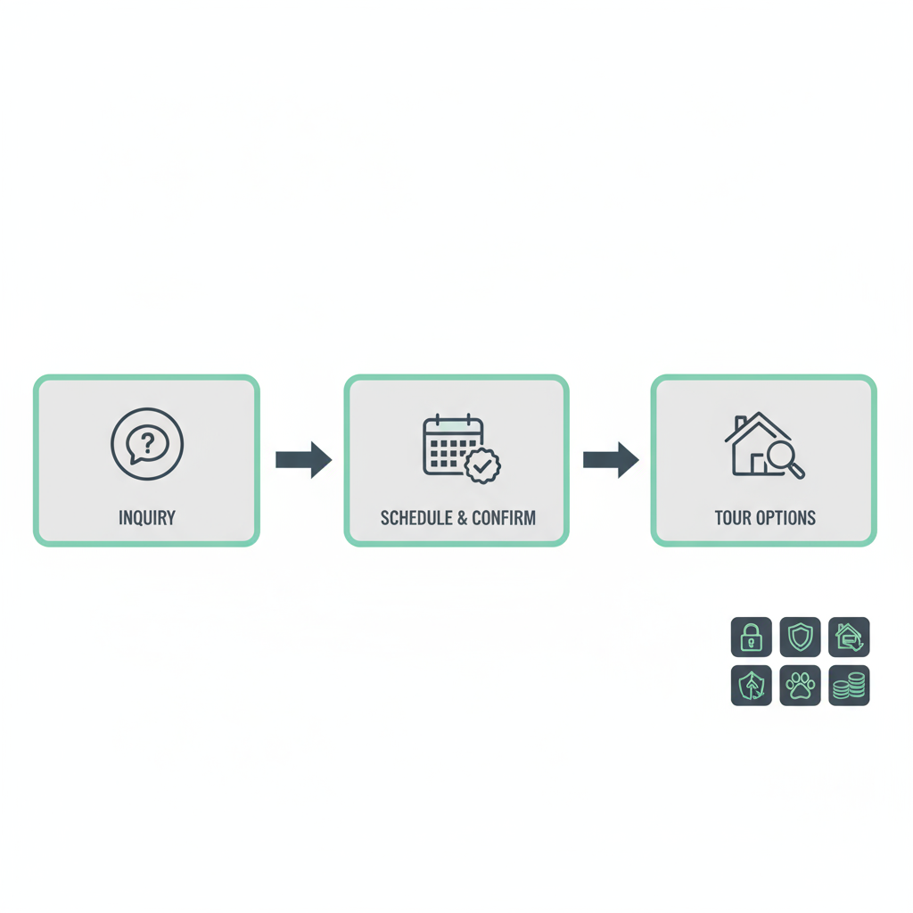 Horizontal three-step flow for scheduling Hamilton apartment tours, with icons and tenant-rights icon array.
