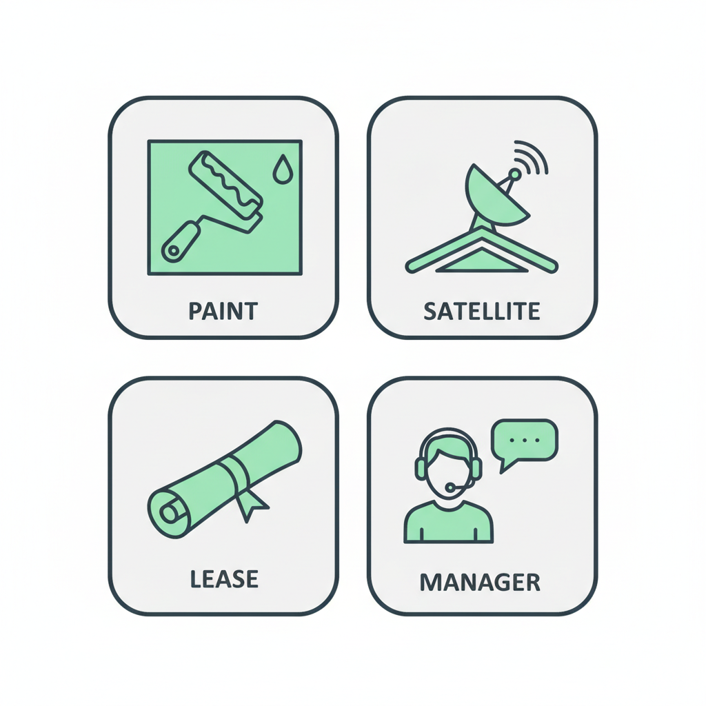 2x2 icon grid showing Hamilton tenant rights: painting permission, satellite dish install, lease agreement, and property manager contact in clean vector style.