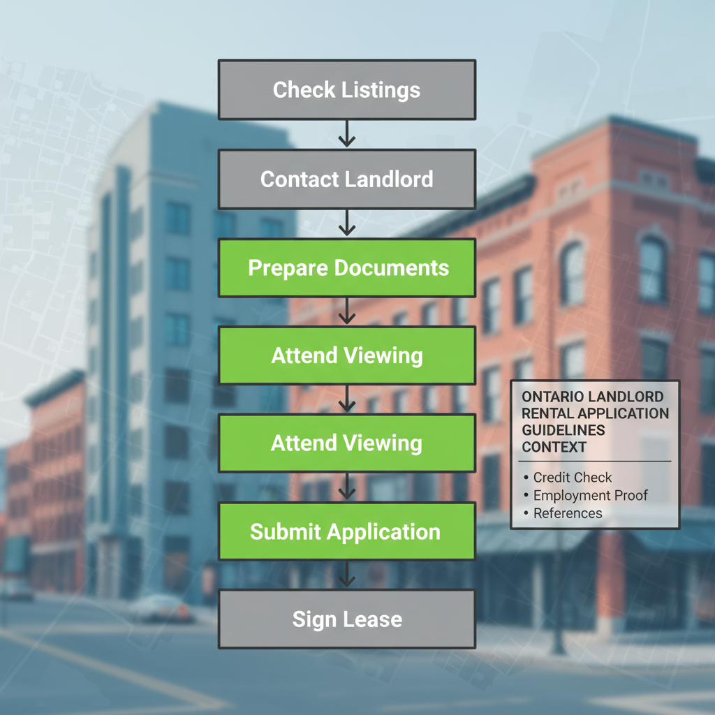 Vertical process flow with six stacked stages showing scheduling viewings and rental application steps in downtown Hamilton, referencing Ontario landlord rental application guidelines.