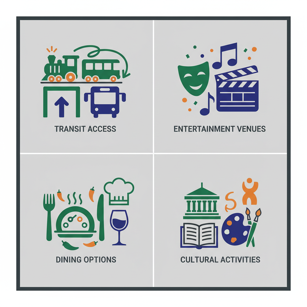 Four flat vector icons in a tight 2x2 grid representing transit access, entertainment venues, dining options, and cultural activities in downtown Hamilton.