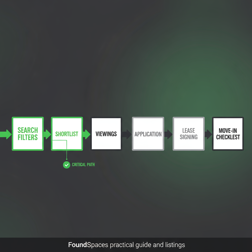 A horizontal process flow showing 6 stages of the rental journey for Found Spaces in Hamilton, emphasizing search to move-in.