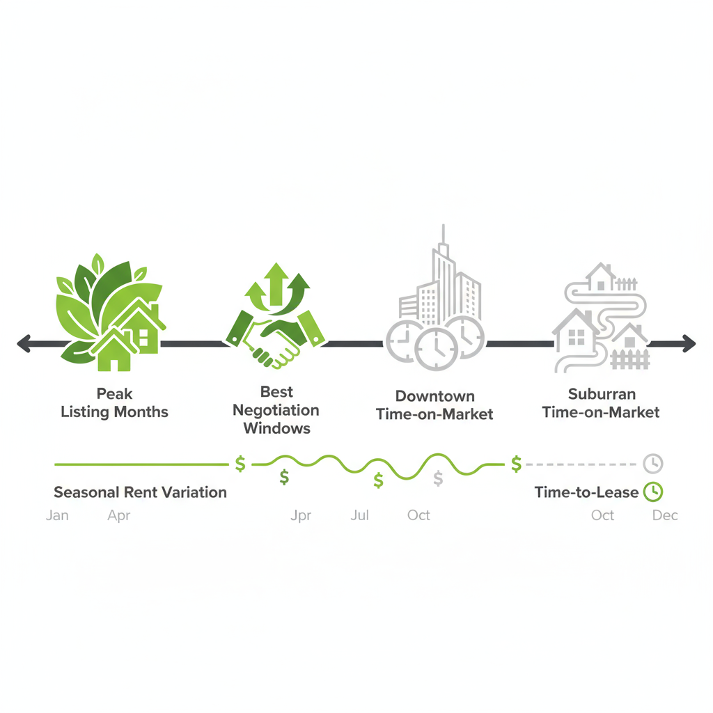 Timeline illustrating Hamilton neighborhood rental market dynamics, including peak listing months, negotiation windows, and time-on-market for downtown versus suburban areas.
