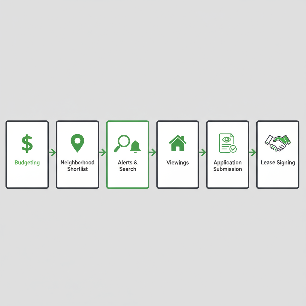 Horizontal process flow depicting 6 stages of finding and applying for a rental property: Budgeting, Neighborhood Shortlist, Alerts & Search, Viewings, Application Submission, and Lease Signing.