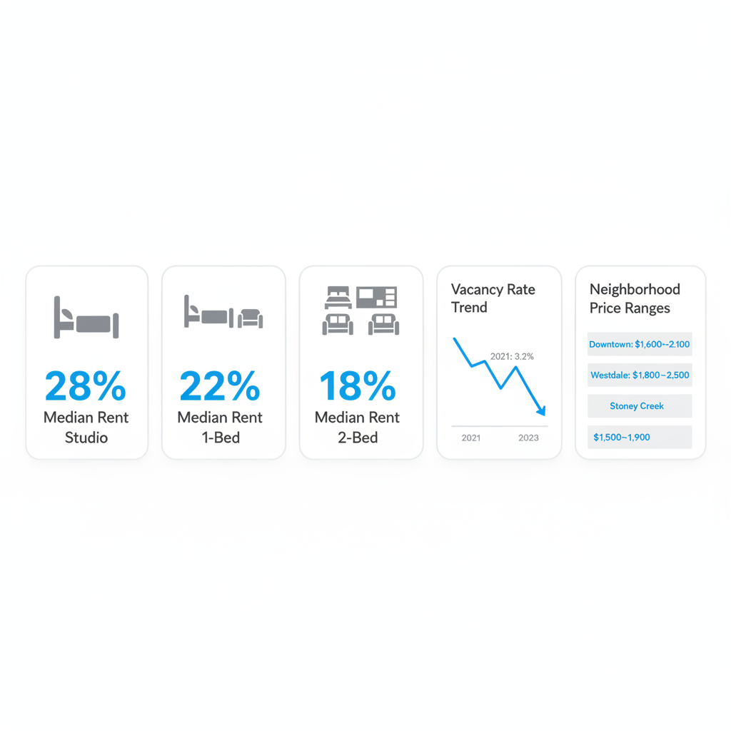 Infographic showing Hamilton rental market trends including median rents for studio, 1-bedroom, and 2-bedroom units, and vacancy rate trends.