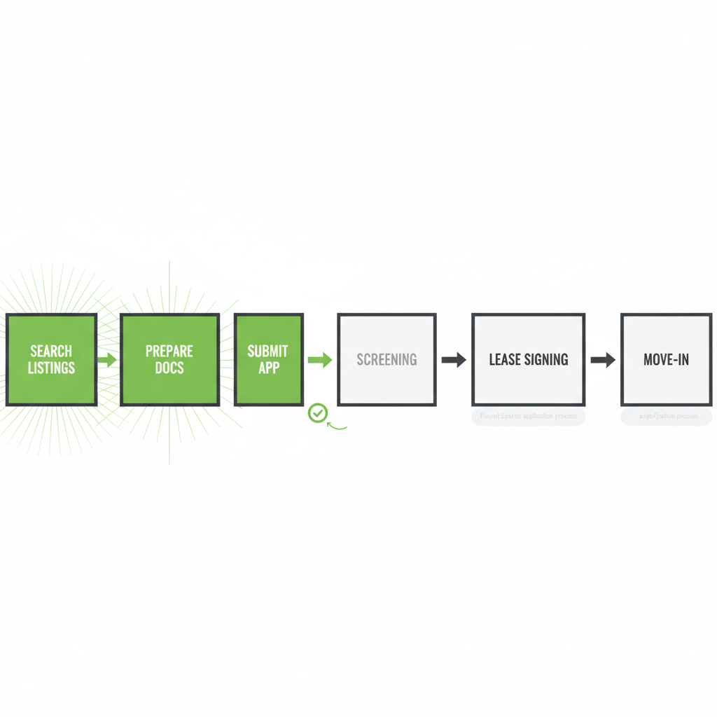 Horizontal process flow depicting the six-step apartment rental application journey for Found Spaces.