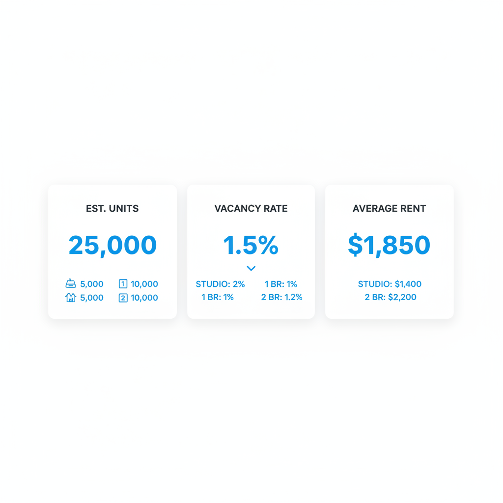 Infographic showing key Hamilton rental market statistics, including estimated units available, vacancy rate, and average rent prices for different unit types.