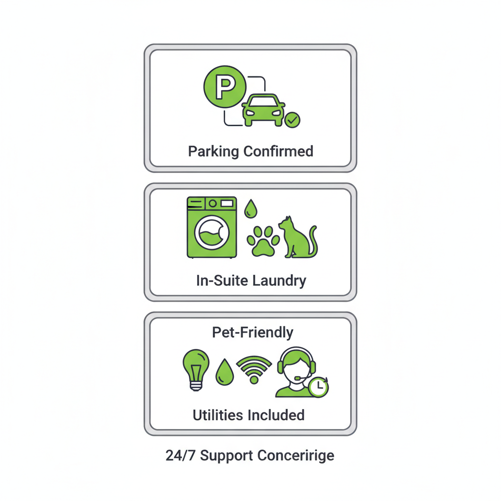 Icon set showing apartment amenities like parking, laundry, pets, utilities, and concierge services for Hamilton rentals.