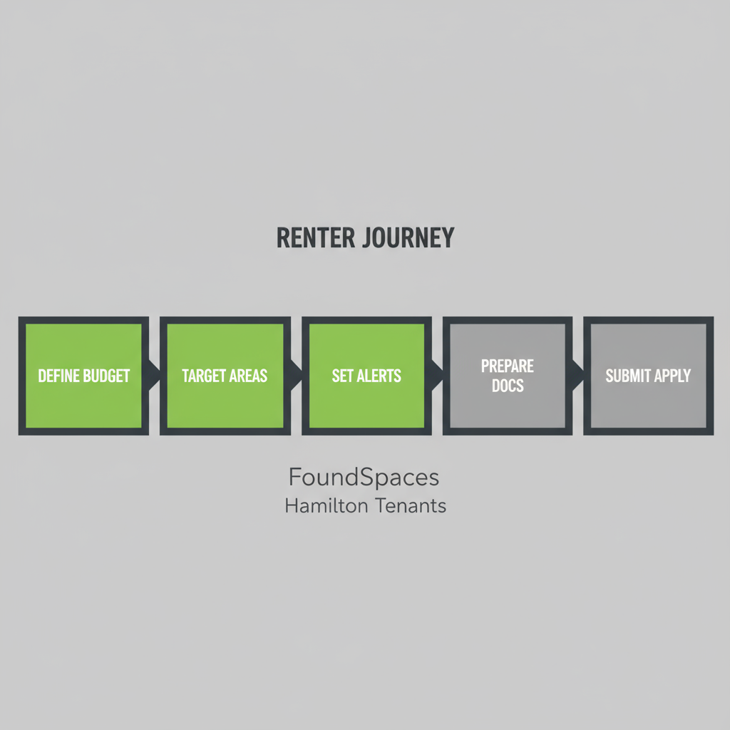 Horizontal process flow depicting 5 steps for renters to find affordable apartments in Hamilton, from defining budget to submitting applications on FoundSpaces.