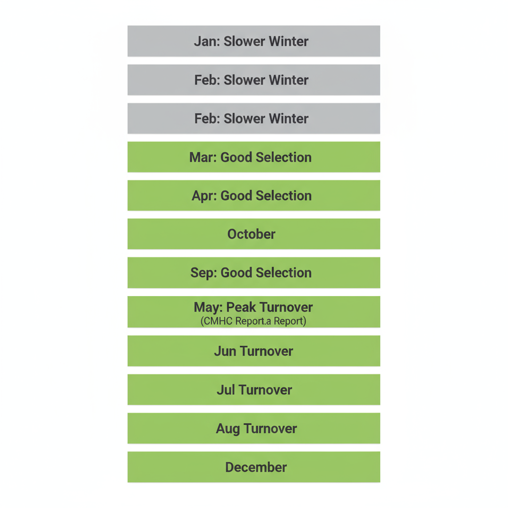 Vertical timeline illustrating seasonal rental availability and market report updates in Hamilton over a 12-month period.