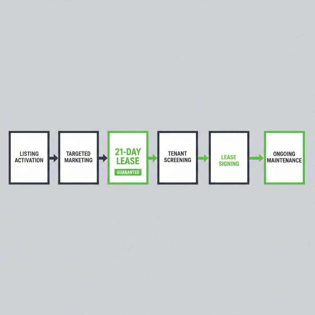 Horizontal process flow depicting Found Spaces commercial leasing and property management steps for landlords