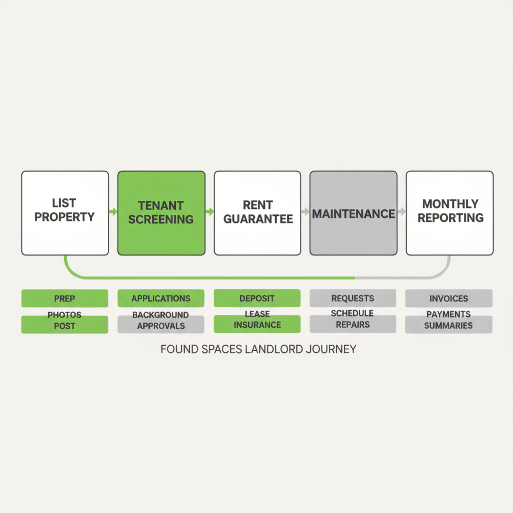 Horizontal process flow depicting the landlord's journey with Found Spaces from property listing to monthly reporting, highlighting key services.