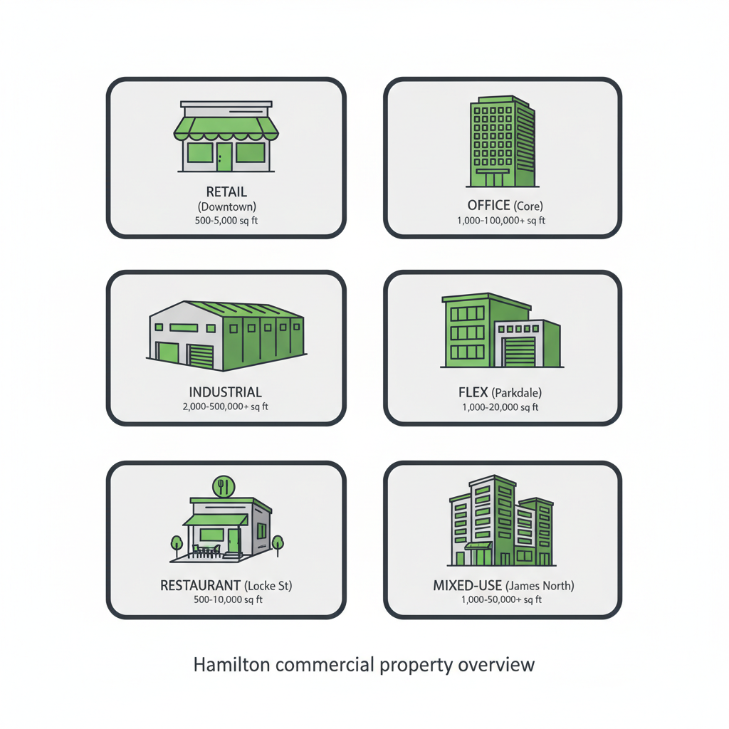 Icon set of six distinct commercial property types in Hamilton with their typical neighborhoods and brief size ranges, arranged in a 3x2 grid.