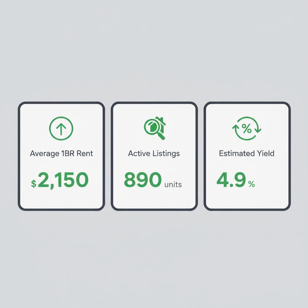 Icon set showing key Hamilton rental market metrics including average 1-bedroom rent, active listings, and estimated yield.