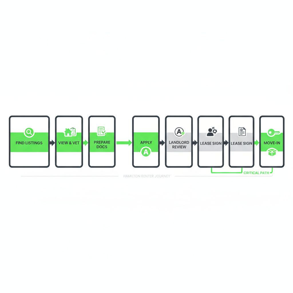 Horizontal process flow depicting the Found Spaces renter journey from finding listings to moving in Hamilton.