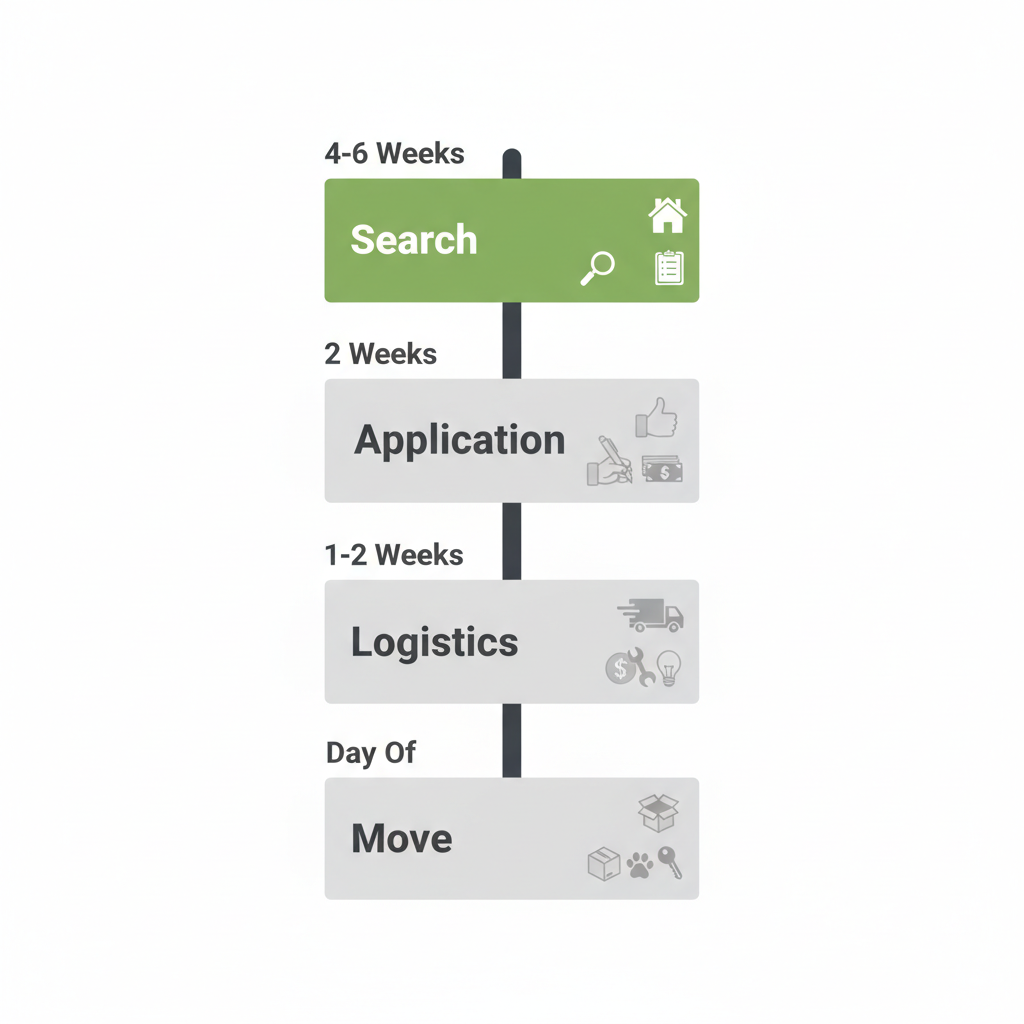 Vertical timeline illustrating a 6-week moving plan for renters in Hamilton, including stages for searching, application, logistics, and move-in, with budget and pet preparation checkpoints.