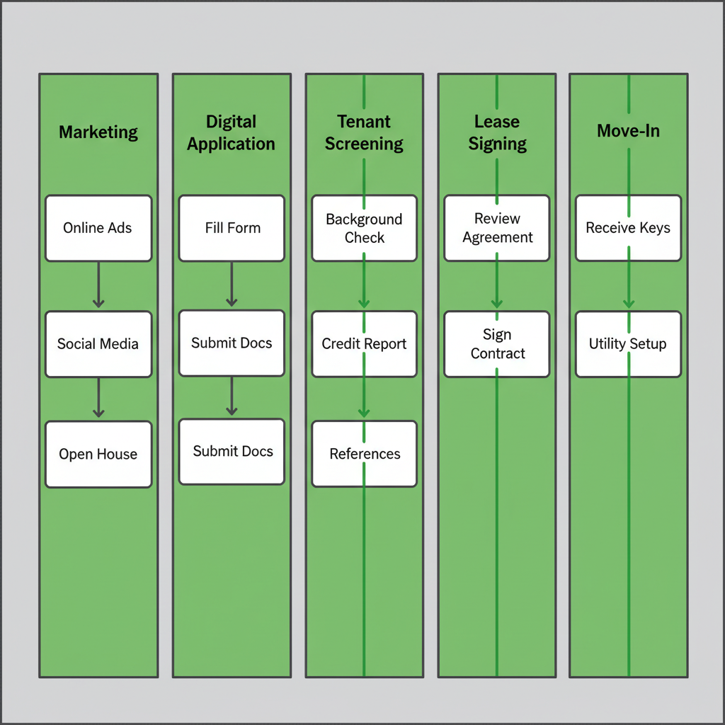 Vertical process flow illustrating Found Spaces tenant placement journey from marketing to move-in