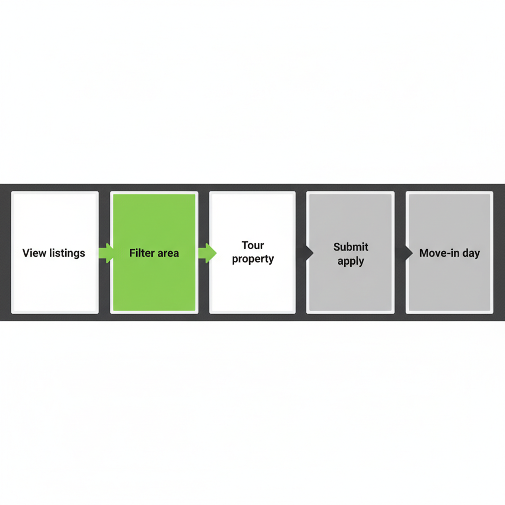 Horizontal process flow depicting the rental journey for apartments on Hamilton Mountain, showing steps from searching listings to moving in.