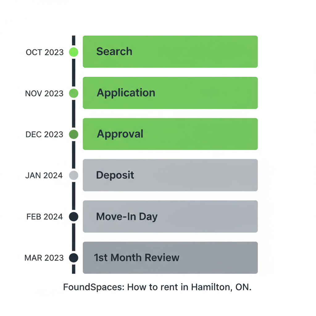 Vertical timeline illustrating the key stages and costs involved in renting an apartment, from initial search to post-move-in review.