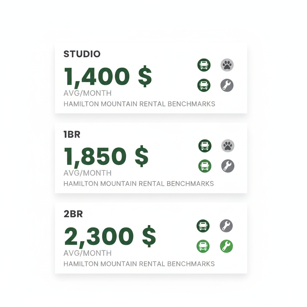 Infographic showing rent benchmarks for studio, 1-bedroom, and 2-bedroom apartments on Hamilton Mountain, with icons for transit, pet-friendliness, and amenities.