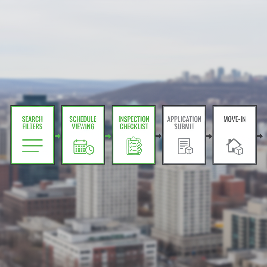 Horizontal process flow depicting five steps for apartment rental: search filters, schedule viewing, inspection checklist, application submission, and move-in.