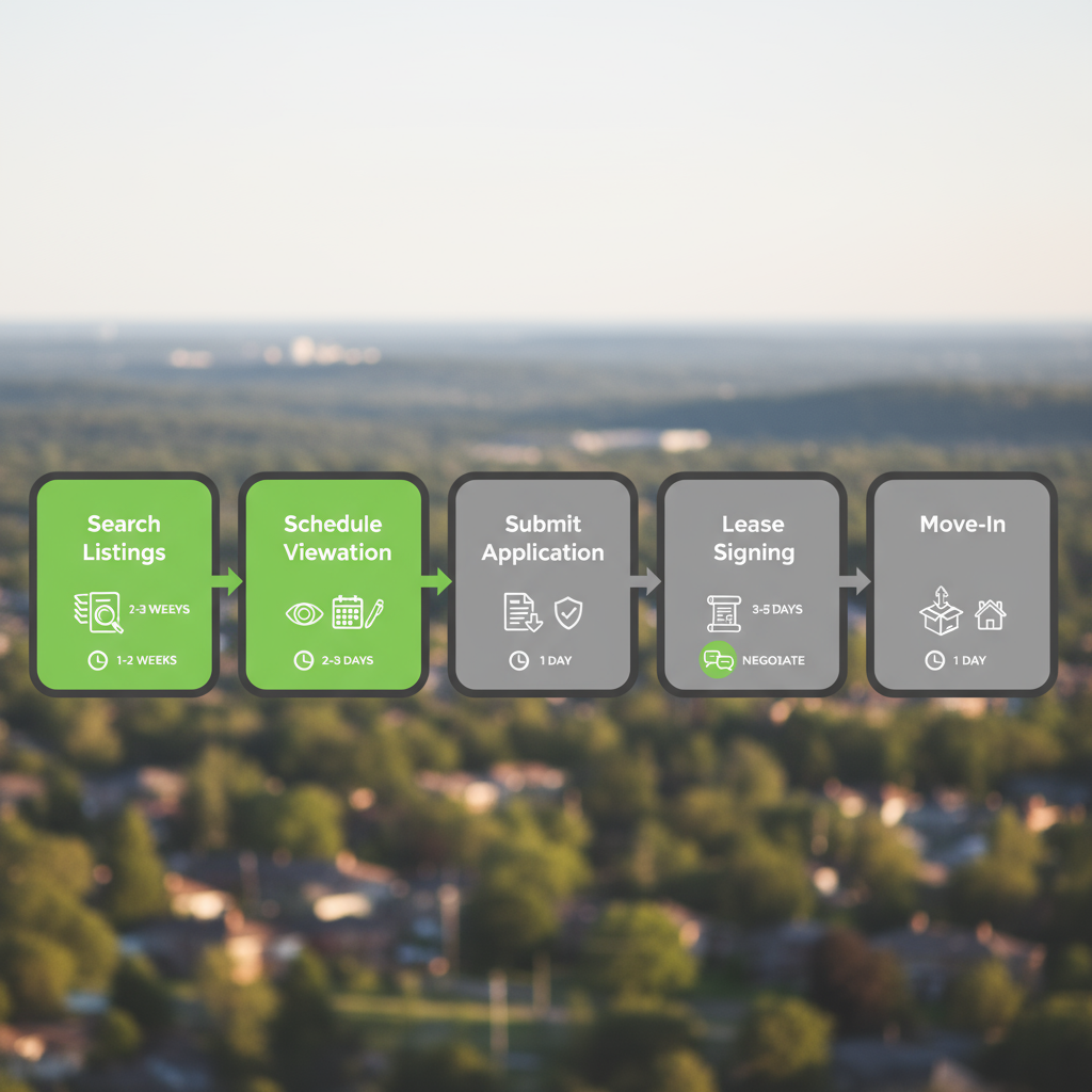 Horizontal process flow depicting the six steps of a renter's journey on Hamilton Mountain, from searching listings to move-in, with icons for documents, timing, and negotiation.