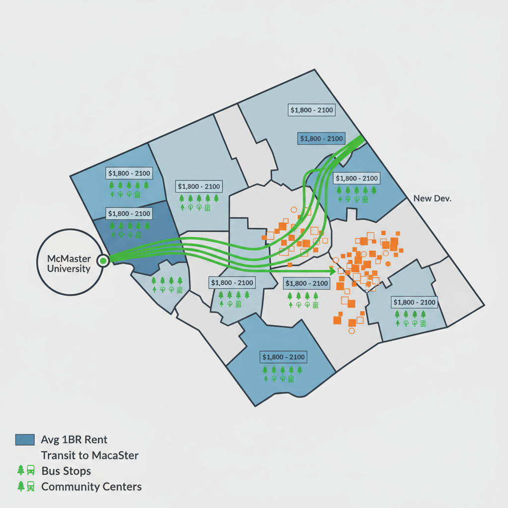 Square data visualization of Hamilton Mountain neighborhoods showing average 1-bedroom rent, transit routes to McMaster University, and new development areas with amenity icons.